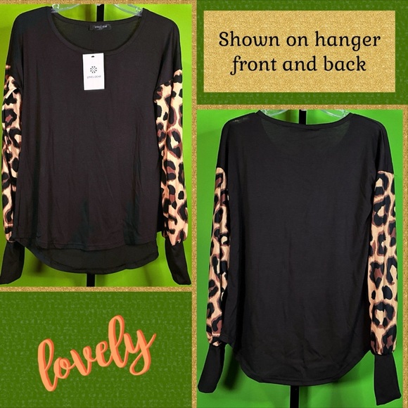 M NWT LOVEU.DEAR DARK CHOCOLATE BROWN TUNIC W CONTRASTING ANIMAL PRINT SLEEVES - Picture 2 of 12